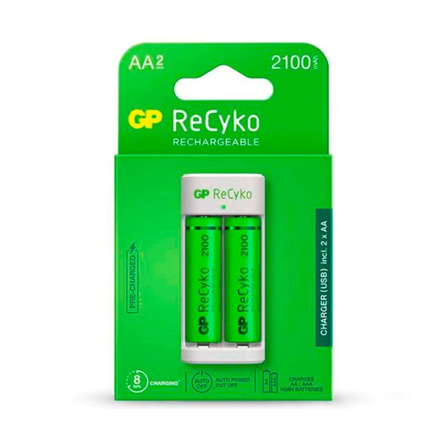 Carregador GP Recyko USB C/ 2 Pilhas Recarregáveis AA Nimh 2000MAH Ref. GPACSE211001