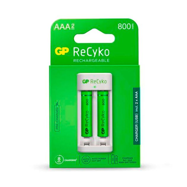 Carregador GP Recyko USB C/ 2 Pilhas Recarregáveis AAA Nimh 800MAH Ref. GPACSE211002